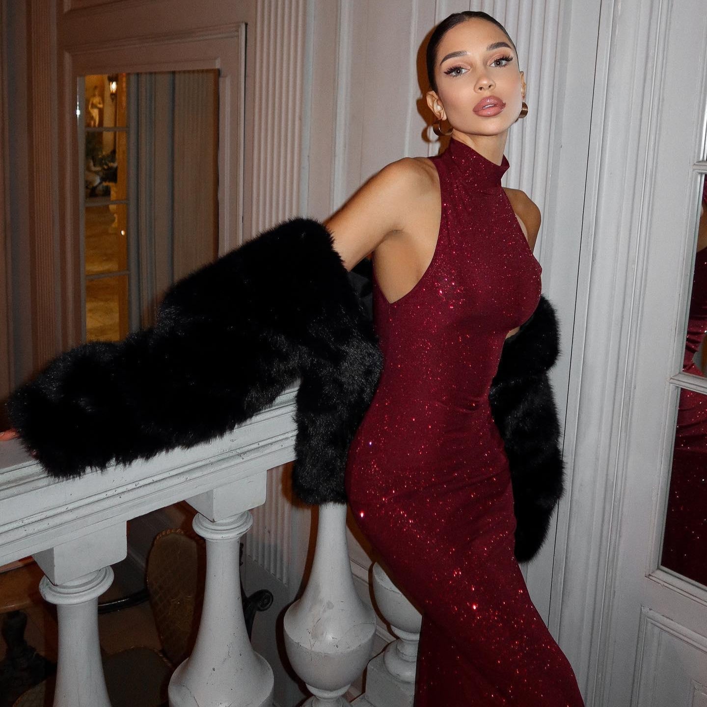 Paillettenjurk – Rood – Halternek – Maxi-jurk – Elegante jurk-Boutique Moda