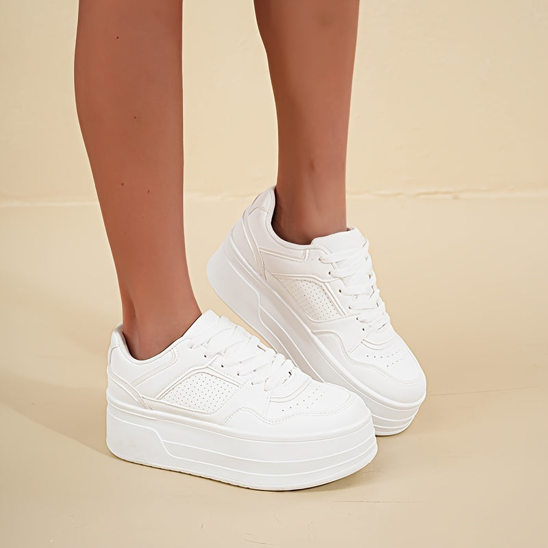 Plateau Sneakers - Dikke Zool - Veterschoenen - Witte Sneakers - Damesschoenen-Boutique Moda