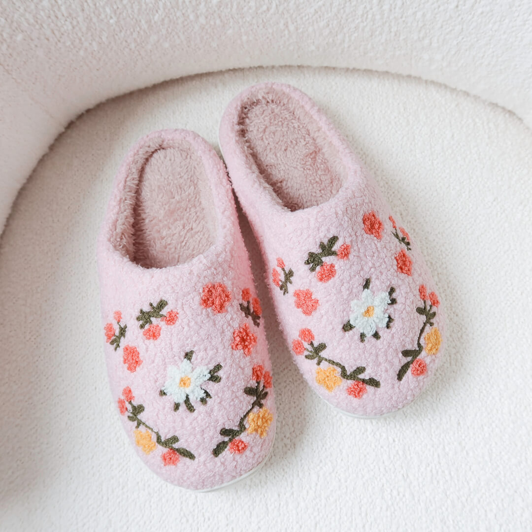 Pluche Pantoffels Dames | Geborduurde Bloemen Sloffen | Instap Huissloffen-Boutique Moda