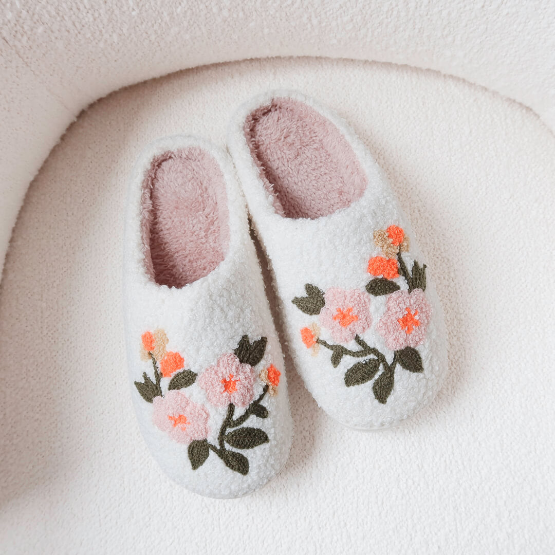 Pluche Pantoffels Dames | Geborduurde Bloemen Sloffen | Instap Huissloffen-Boutique Moda