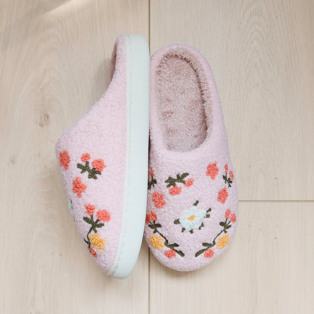 Pluche Pantoffels Dames | Geborduurde Bloemen Sloffen | Instap Huissloffen-Boutique Moda
