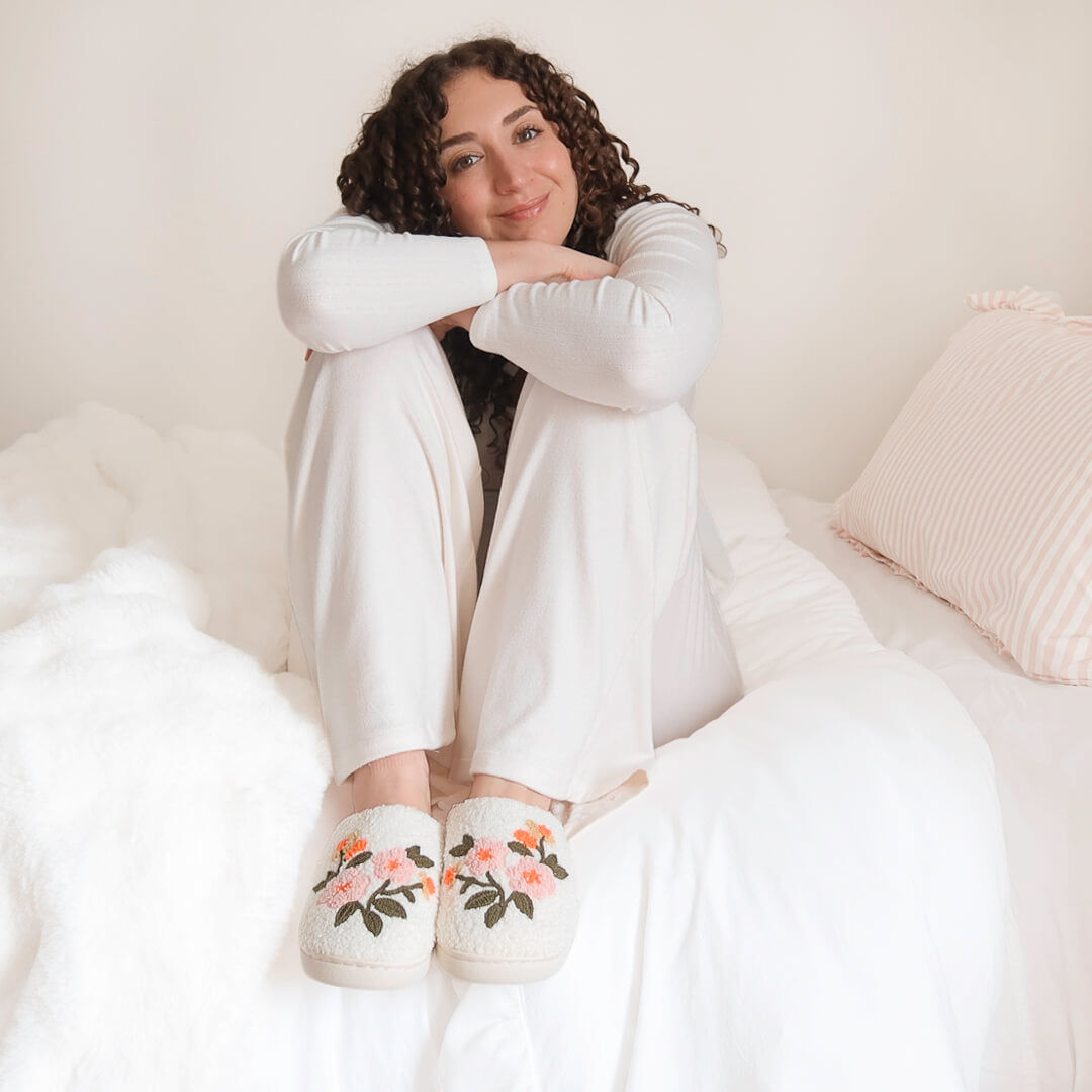 Pluche Pantoffels Dames | Geborduurde Bloemen Sloffen | Instap Huissloffen-Boutique Moda