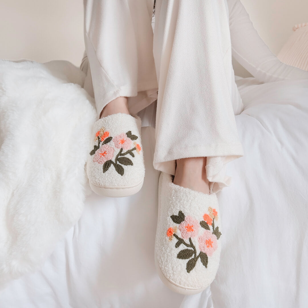 Pluche Pantoffels Dames | Geborduurde Bloemen Sloffen | Instap Huissloffen-Boutique Moda