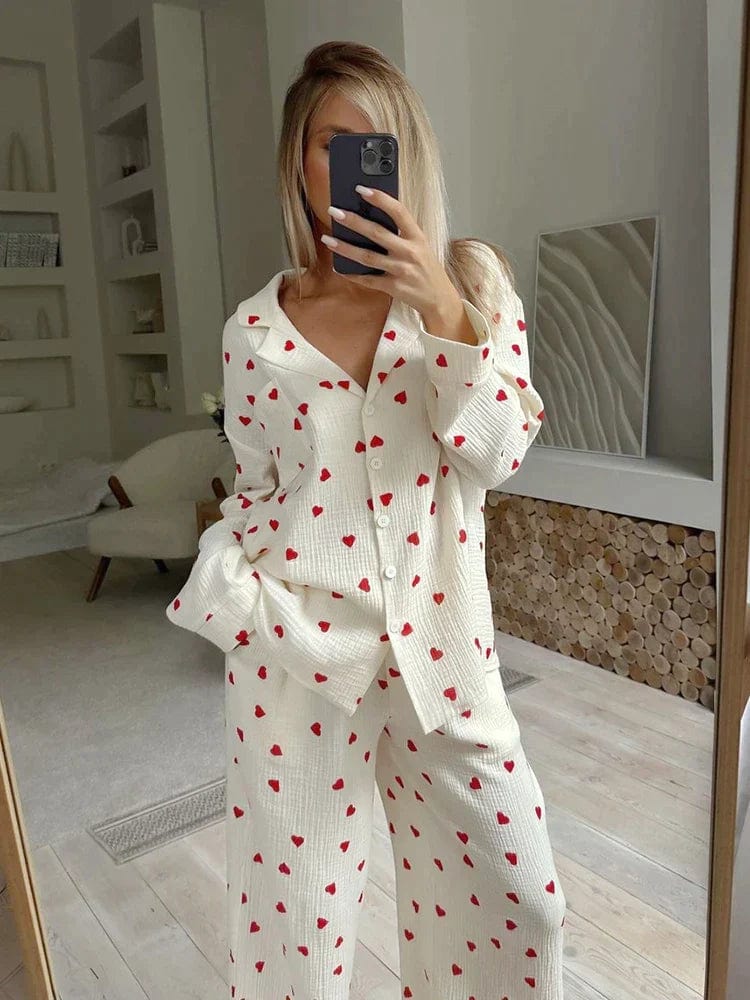 Pyjamaset - Dameslinnen lange mouwen Pyjama met hartjesprint-Boutique Moda