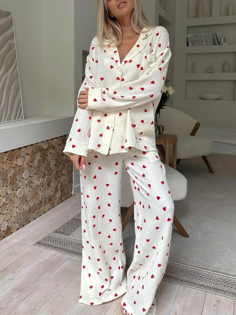Pyjamaset | Hartjesprint | Lange Mouw | Dames-Boutique Moda