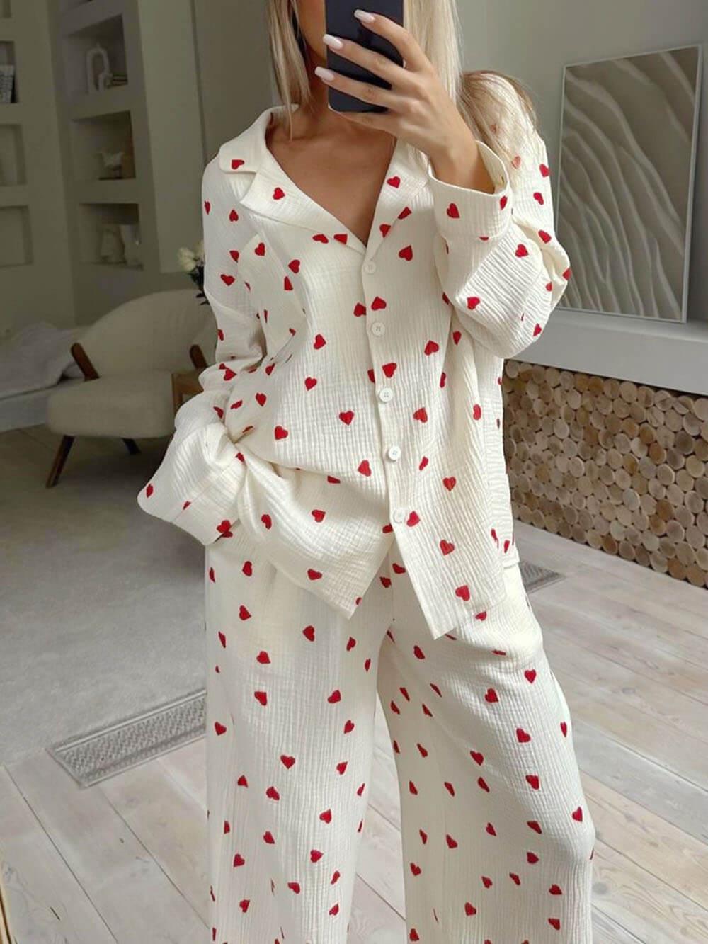 Pyjamaset | Hartjesprint | Lange Mouw | Dames-Boutique Moda