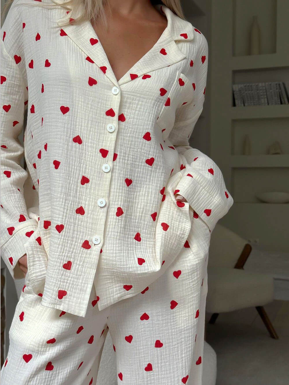 Pyjamaset | Hartjesprint | Lange Mouw | Dames-Boutique Moda