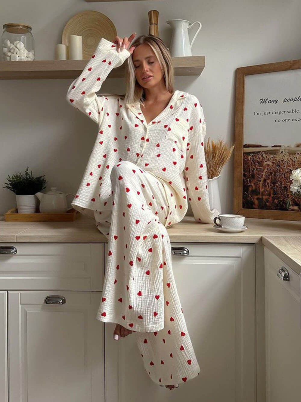 Pyjamaset | Hartjesprint | Lange Mouw | Dames-Boutique Moda