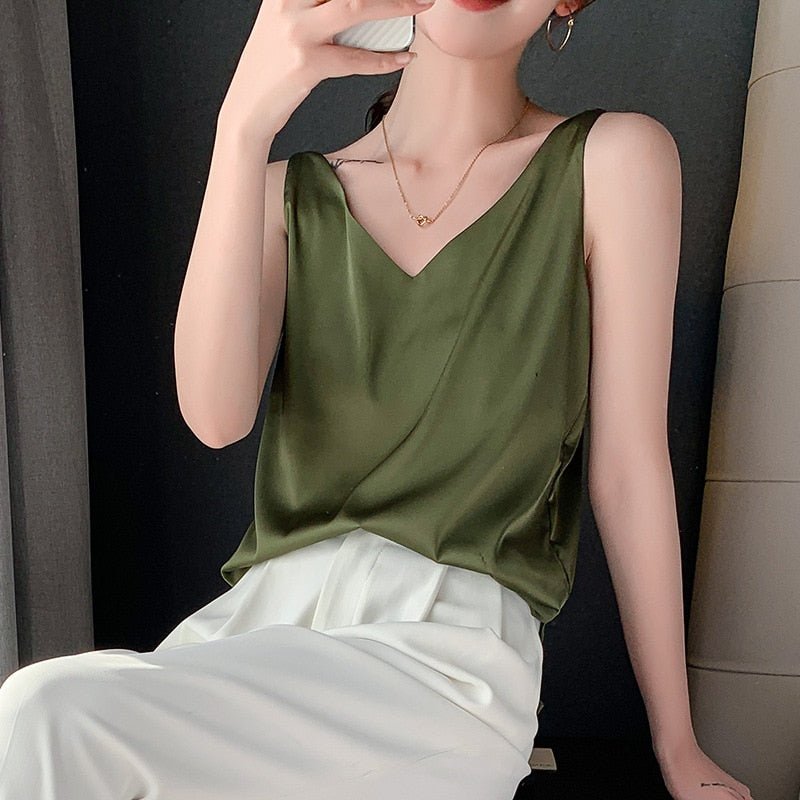Satijnen Top - Elegante, lichte mouwloze top met V-hals voor dames-Boutique Moda