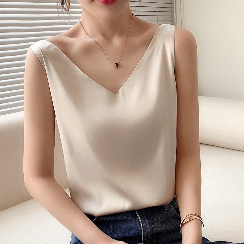 Satijnen Top - Elegante, lichte mouwloze top met V-hals voor dames-Boutique Moda