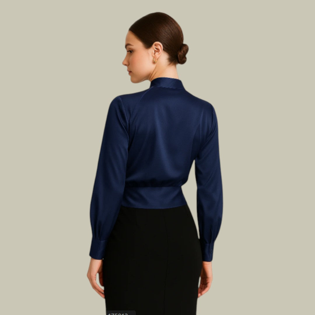 Satijnen blouse - Damesblouse met lange mouwen en V-hals-Boutique Moda
