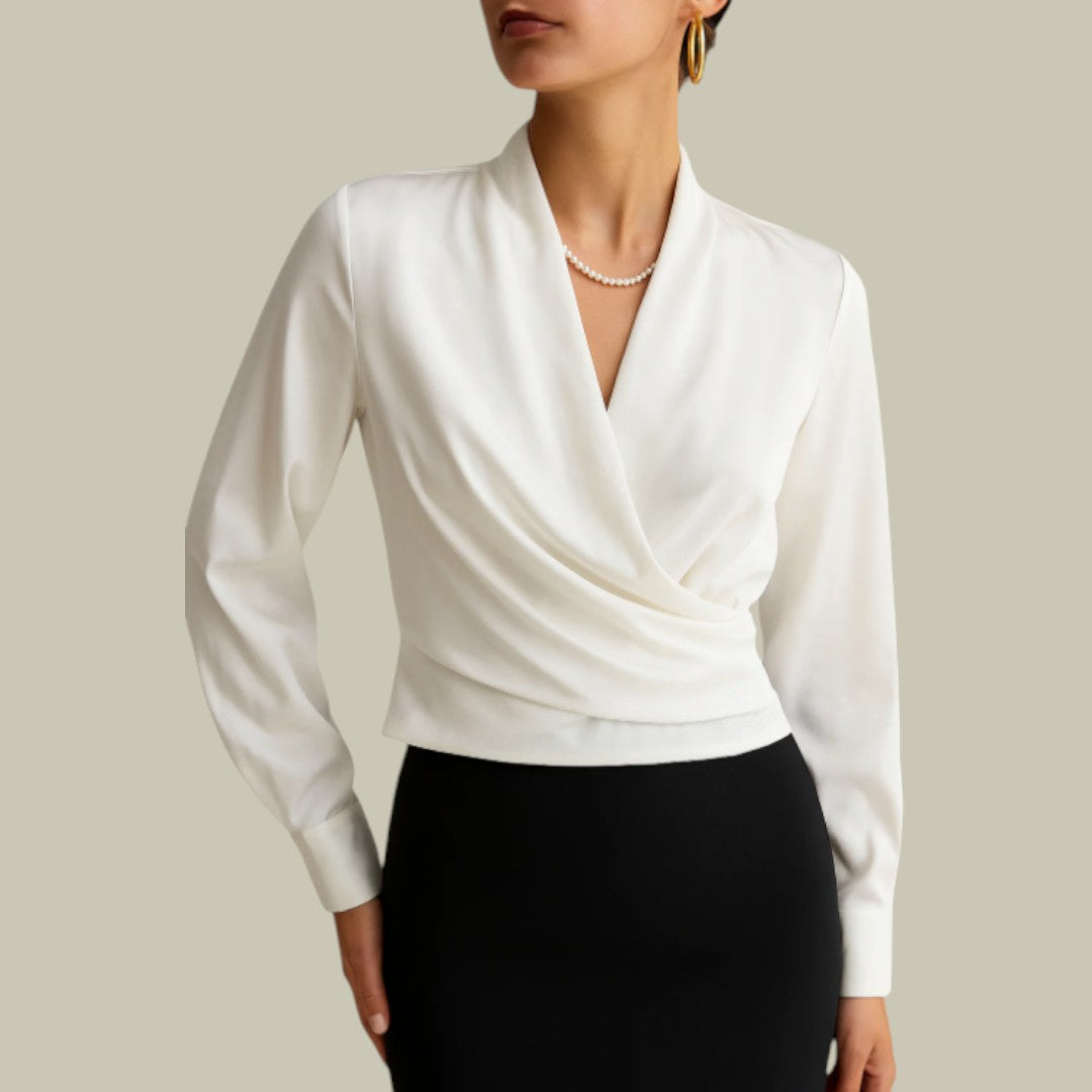Satijnen blouse - Damesblouse met lange mouwen en V-hals-Boutique Moda