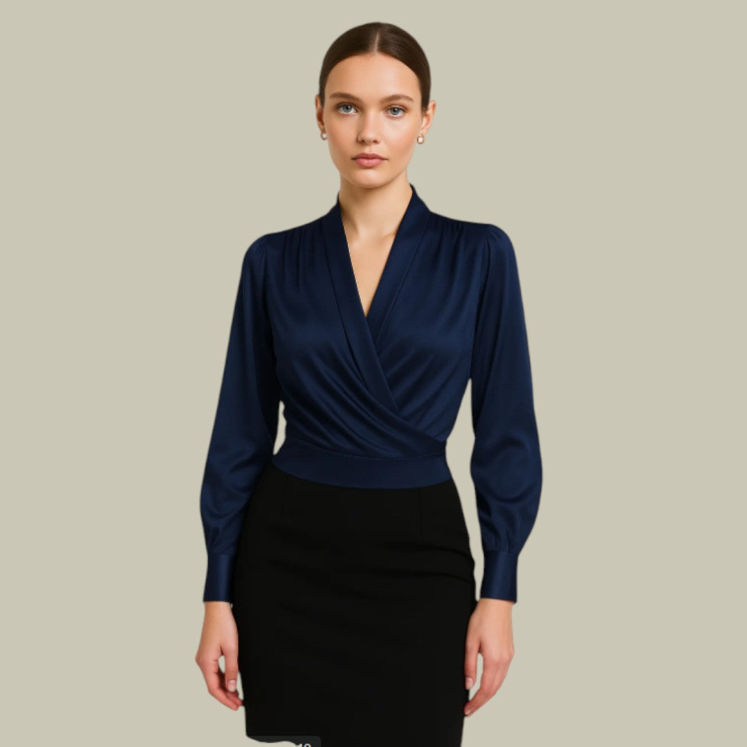 Satijnen blouse - Damesblouse met lange mouwen en V-hals-Boutique Moda
