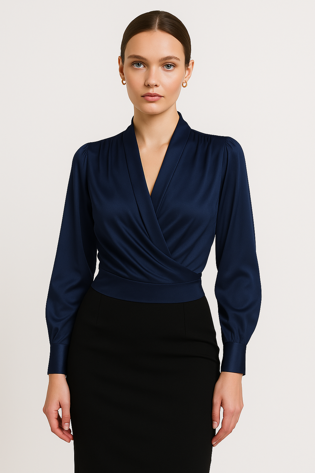 Satijnen blouse - lange mouwen - V-hals - satijnen overhemd - damesblouse-Boutique Moda