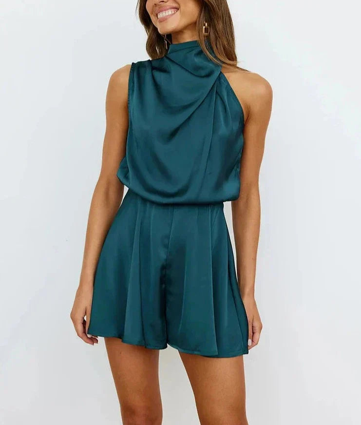 Satijnen playsuit dames – Korte jumpsuit met halternek-Boutique Moda