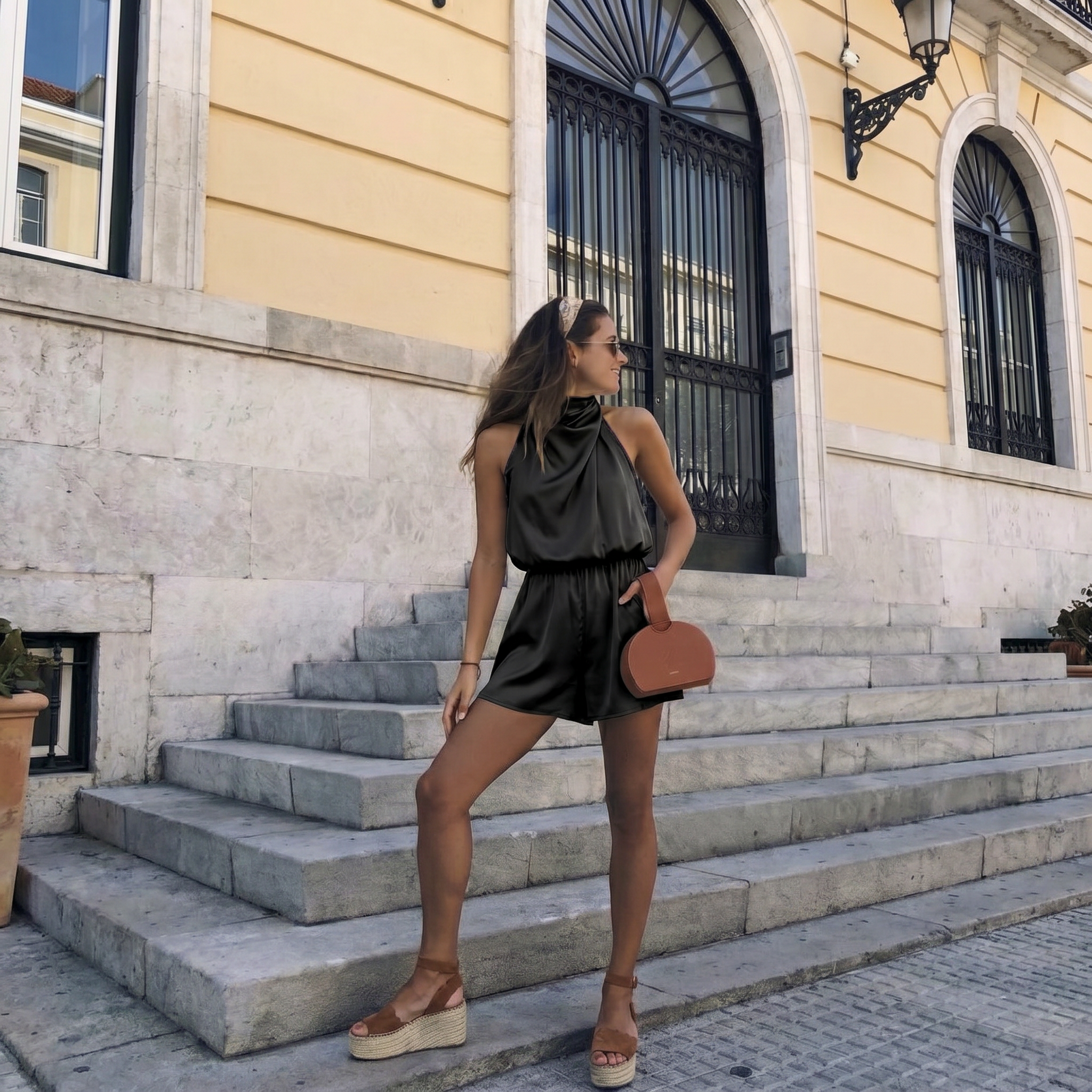 Satijnen playsuit dames – Korte jumpsuit met halternek-Boutique Moda
