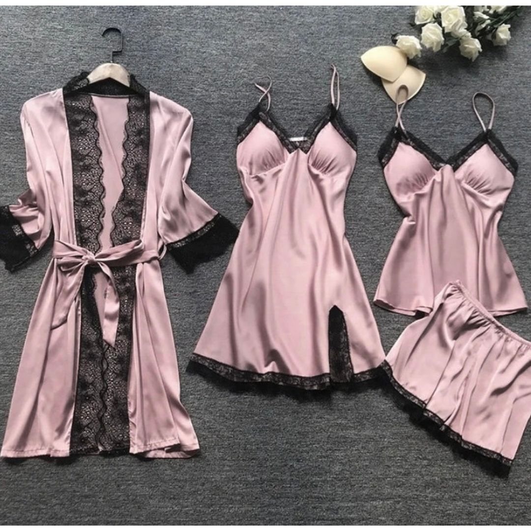 Satijnen pyjama - 4-delig - ochtendjas - nachtjapon - satijnen pyjama set-Boutique Moda