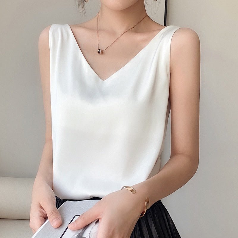 Satijnen top - Mouwloos - V-hals - Zijdezachte top - Dames-top-Boutique Moda