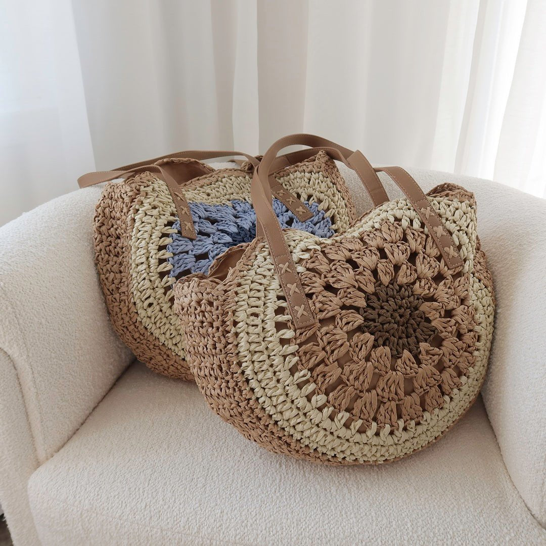 Schoudertas Dames | Gehaakt Rond Boho | Naturel of Blauw-Boutique Moda