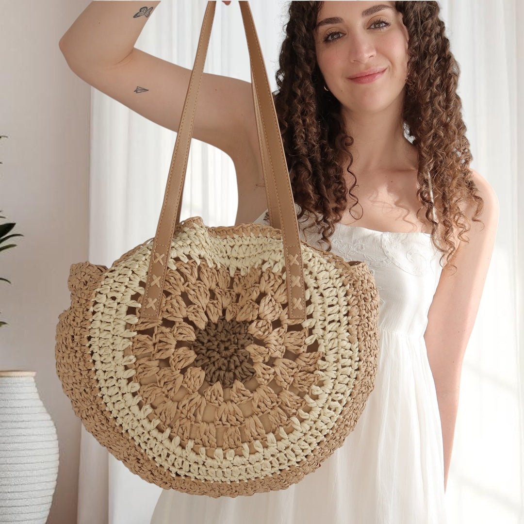 Schoudertas Dames | Gehaakt Rond Boho | Naturel of Blauw-Boutique Moda