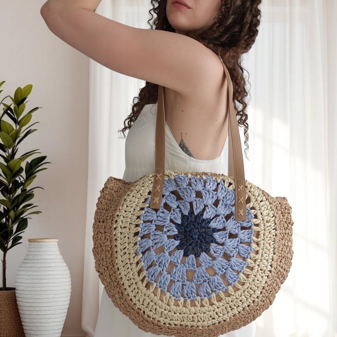 Schoudertas Dames | Gehaakt Rond Boho | Naturel of Blauw-Boutique Moda