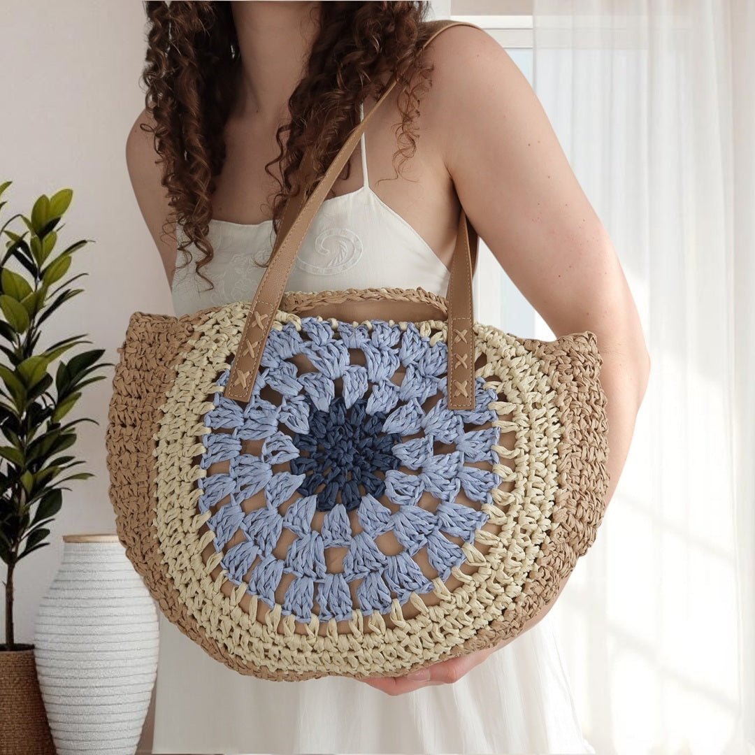 Schoudertas Dames | Gehaakt Rond Boho | Naturel of Blauw-Boutique Moda
