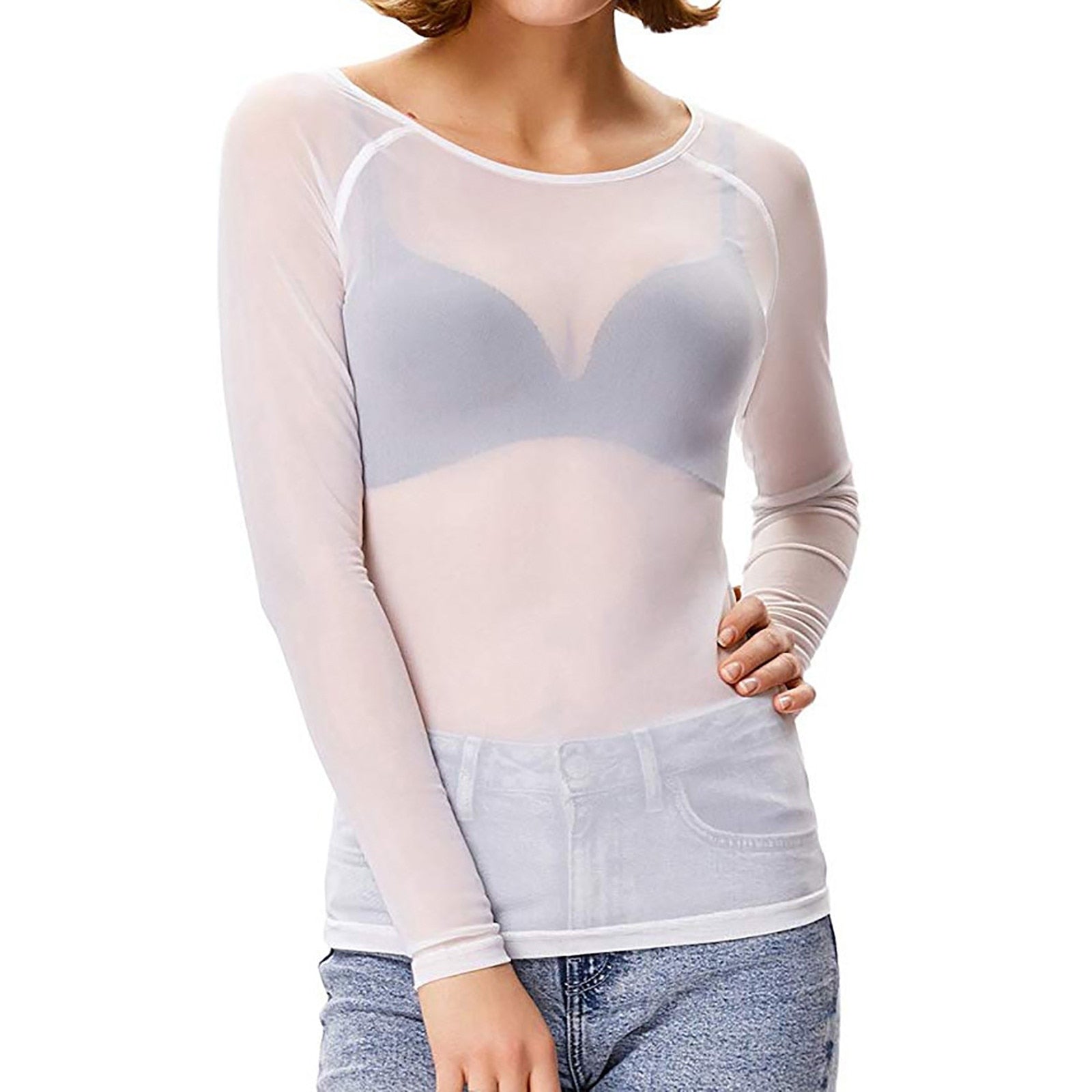 Sheer Top met lange mouwen - Zwart - Wit - Mesh Top met lange mouwen - Dameskleding-Boutique Moda