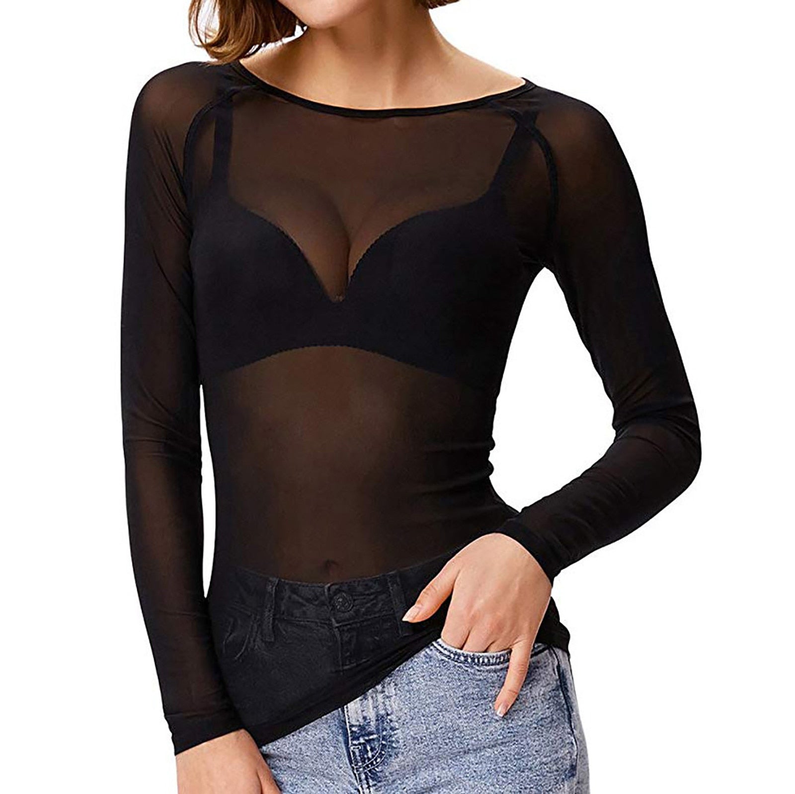 Sheer Top met lange mouwen - Zwart - Wit - Mesh Top met lange mouwen - Dameskleding-Boutique Moda