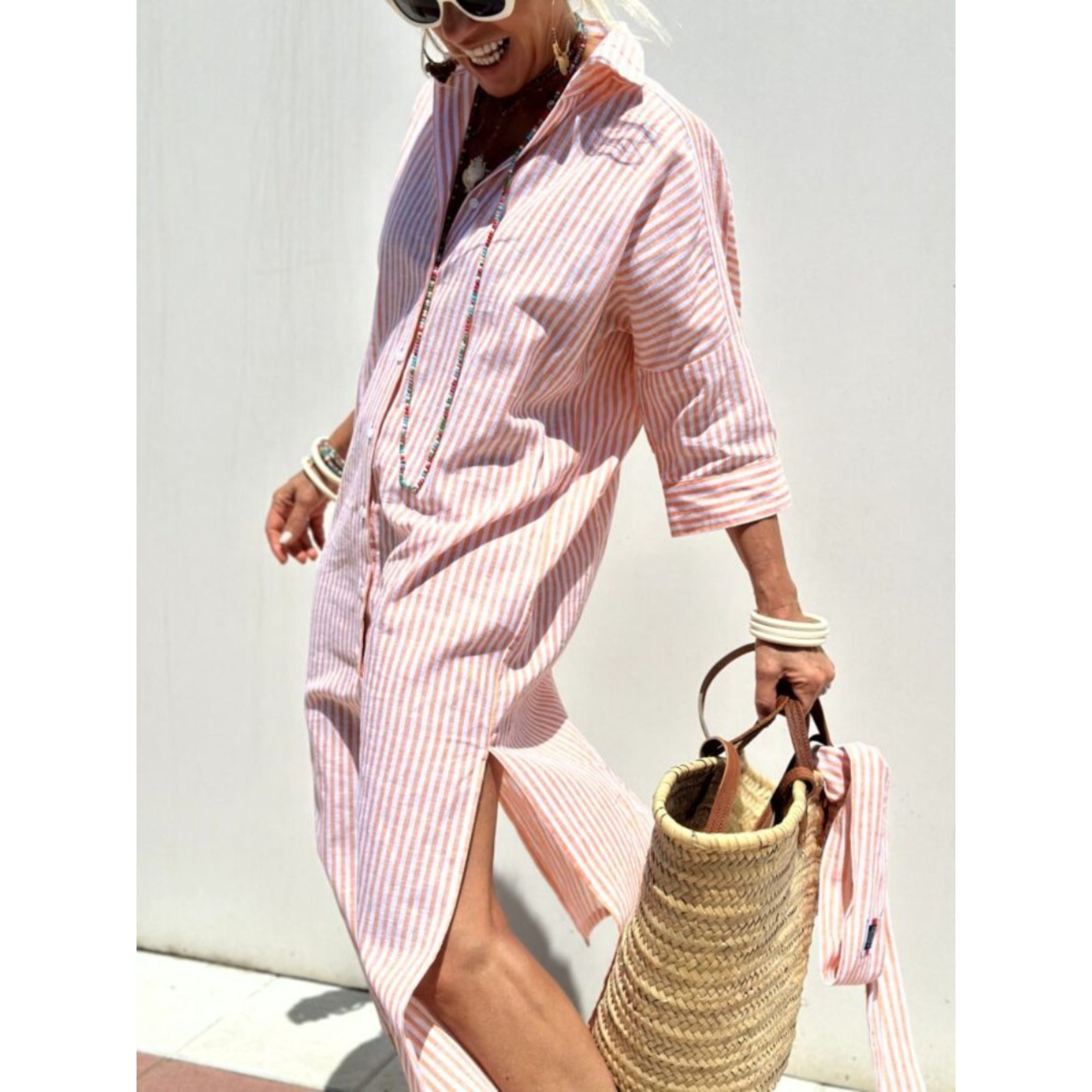 Shirtjurk | Knoopsluiting | Gestreepte | Maxi-jurk met lange mouwen | Maxi-jurk-Boutique Moda