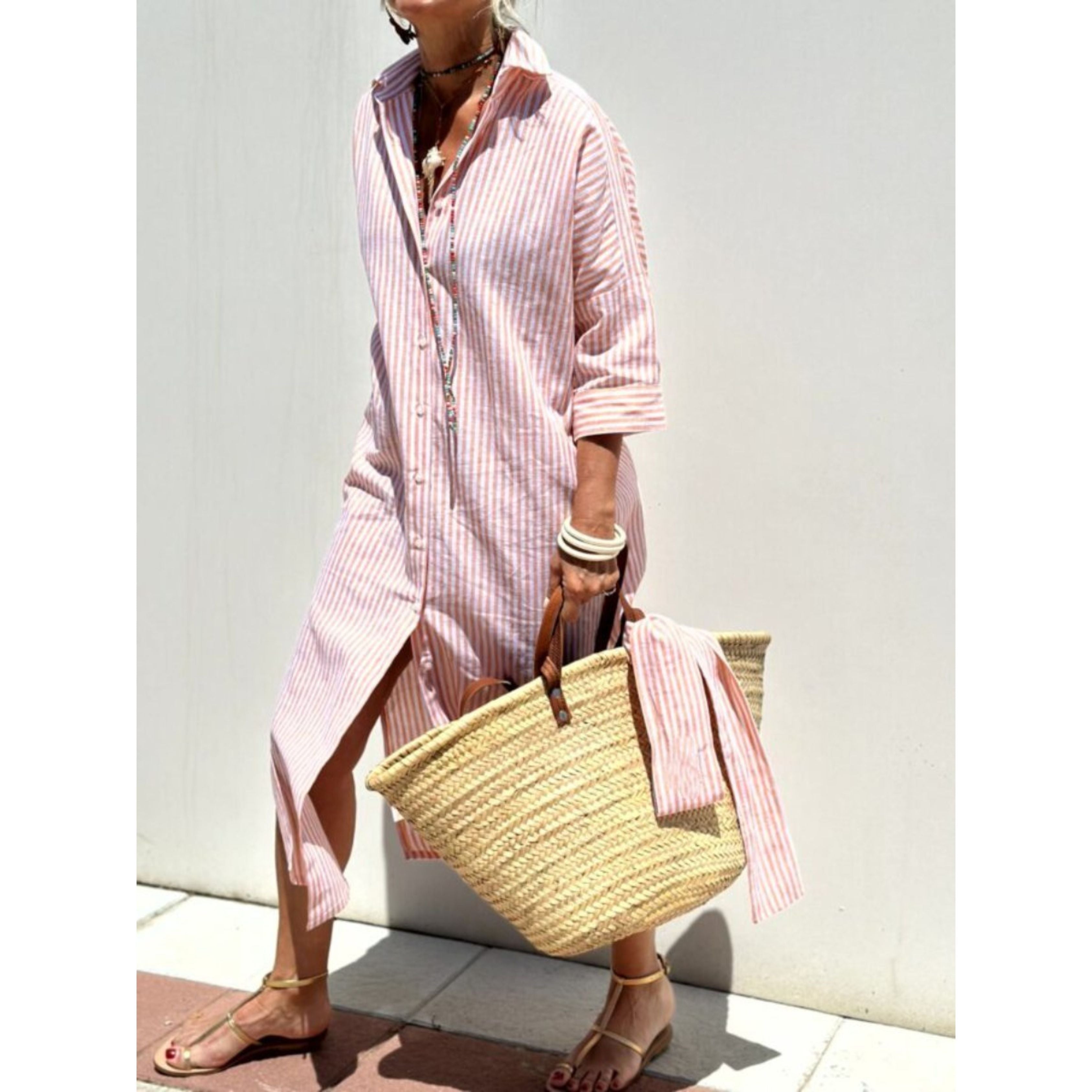 Shirtjurk | Knoopsluiting | Gestreepte | Maxi-jurk met lange mouwen | Maxi-jurk-Boutique Moda