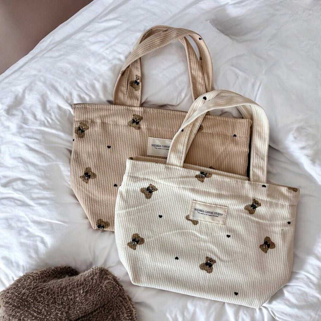 Shopper Tas Dames | Ribfluweel Teddybeer | Make-up Tasje-Boutique Moda