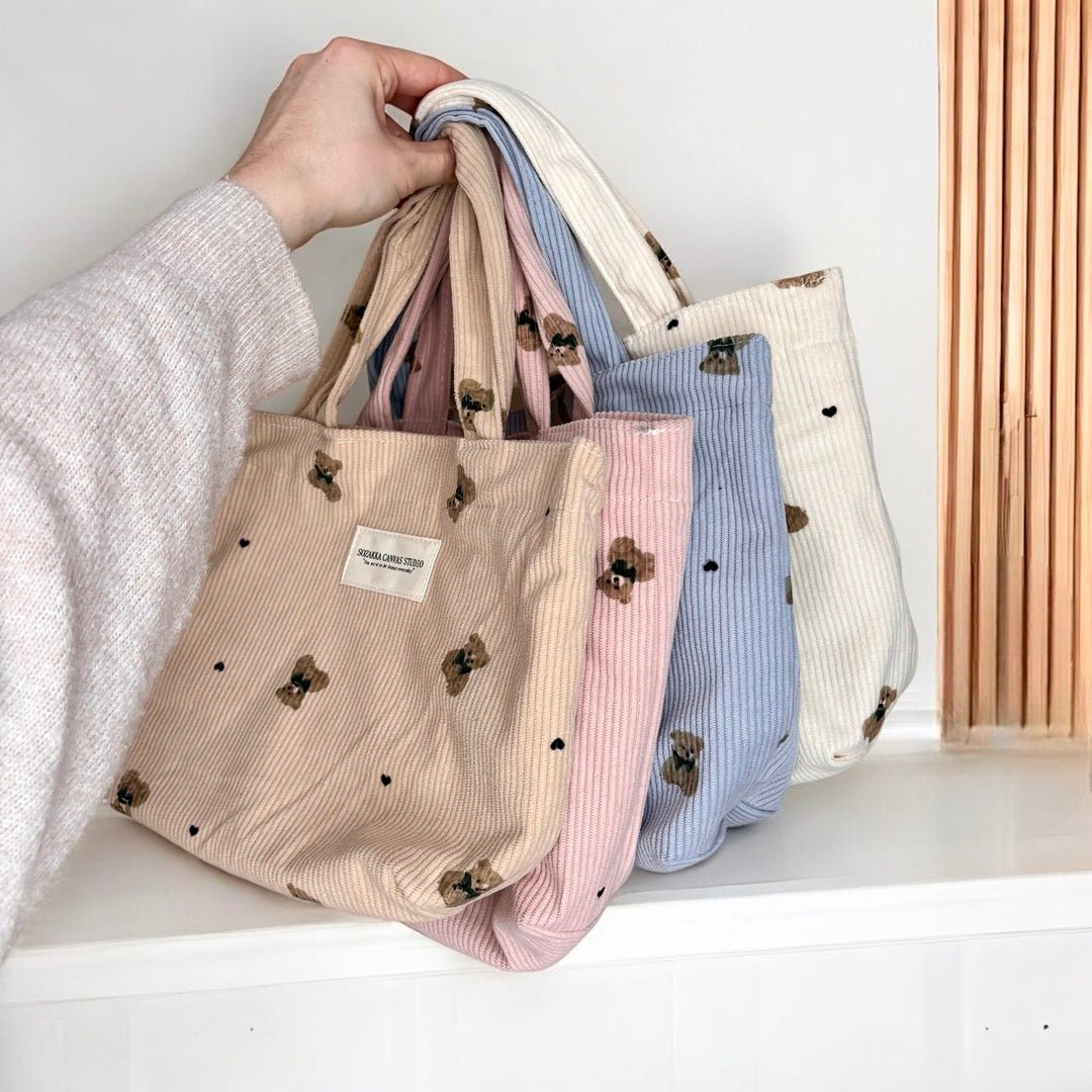 Shopper Tas Dames | Ribfluweel Teddybeer | Make-up Tasje-Boutique Moda