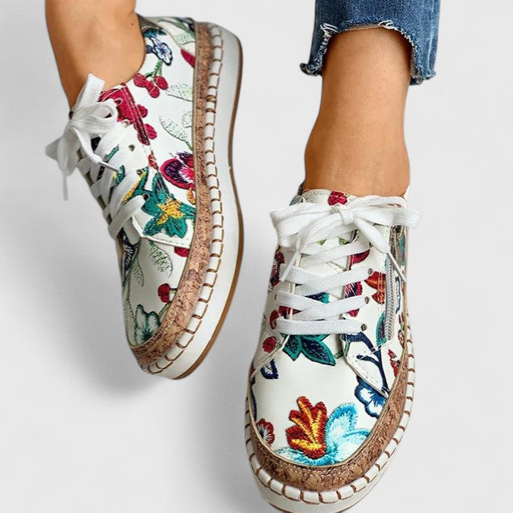 Sneakers met bloemenprint - Voor dagelijks gebruik - Dikke zool - Vetersneakers - Damesschoenen-Boutique Moda