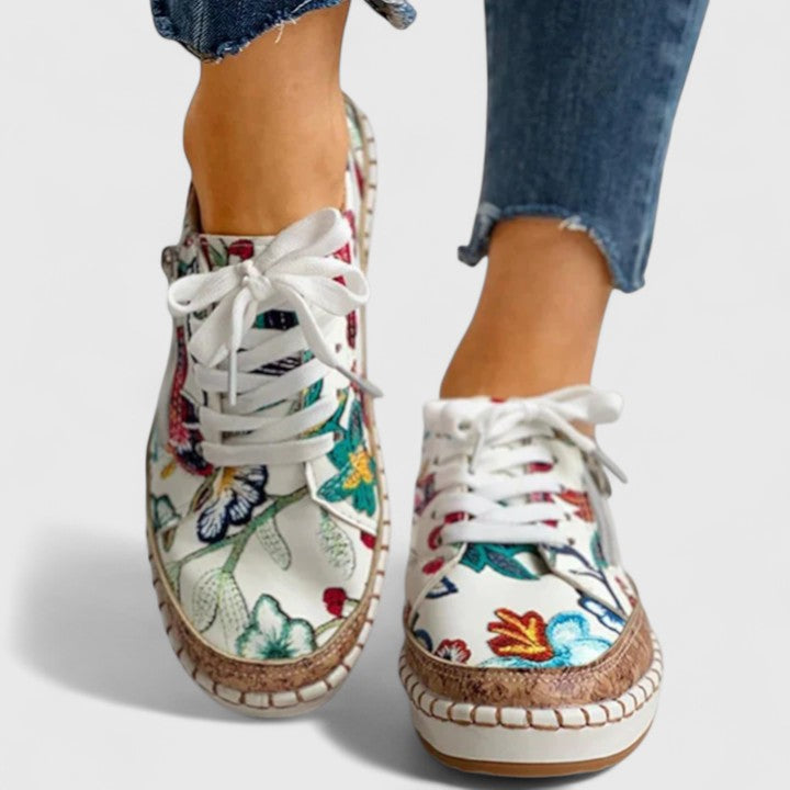 Sneakers met bloemenprint - Voor dagelijks gebruik - Dikke zool - Vetersneakers - Damesschoenen-Boutique Moda