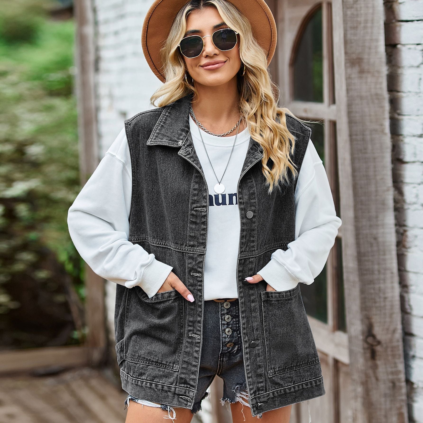 Spijkervest Dames Mouwloos | Oversized Denim Vest met Kraag en Zakken-Boutique Moda
