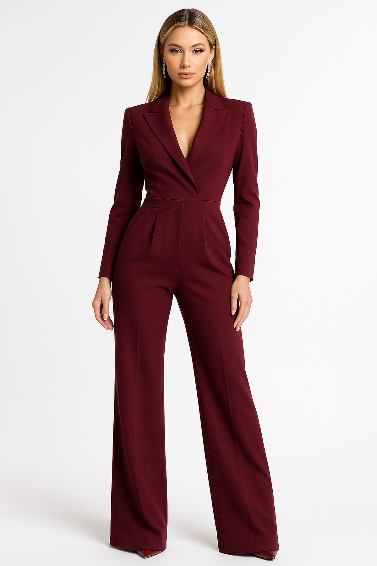 Stijlvolle jumpsuit – damesjumpsuit met lange mouwen, V-hals en wijde pijpen-Boutique Moda