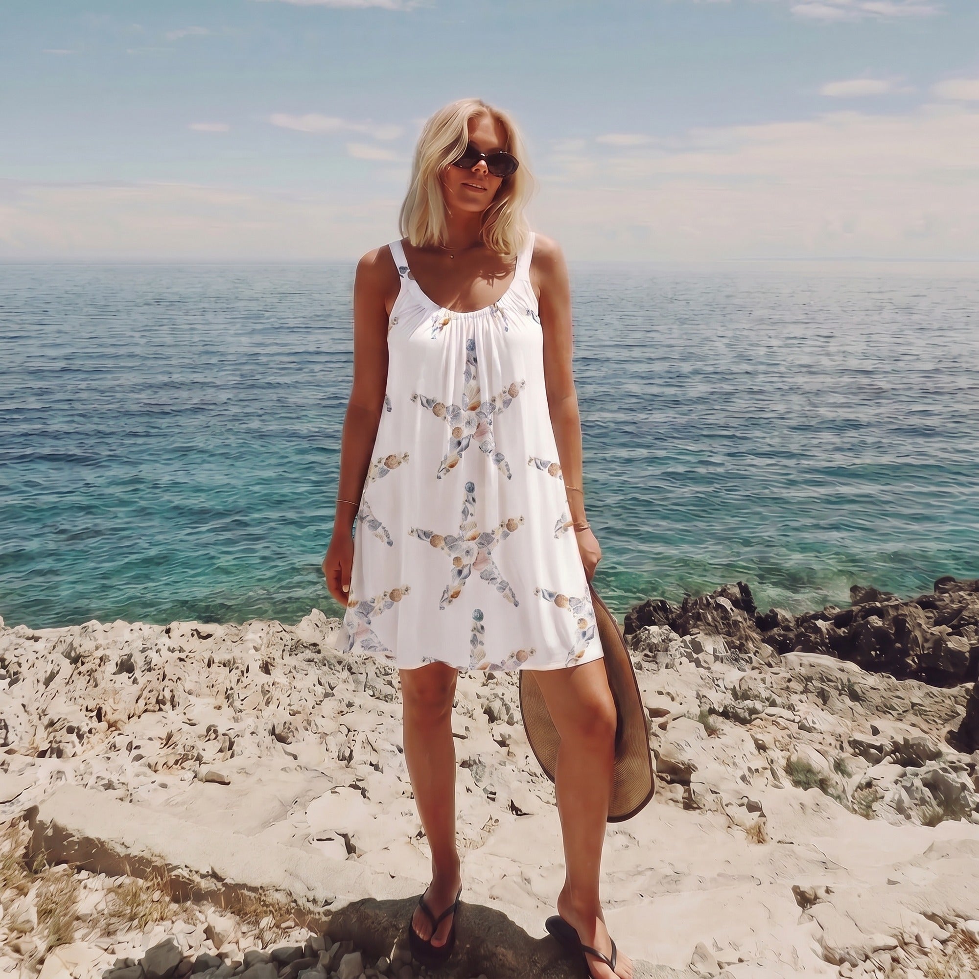 Strandjurk Dames – Mouwloze Losvallende Zomerjurk met Zeeprint-Boutique Moda