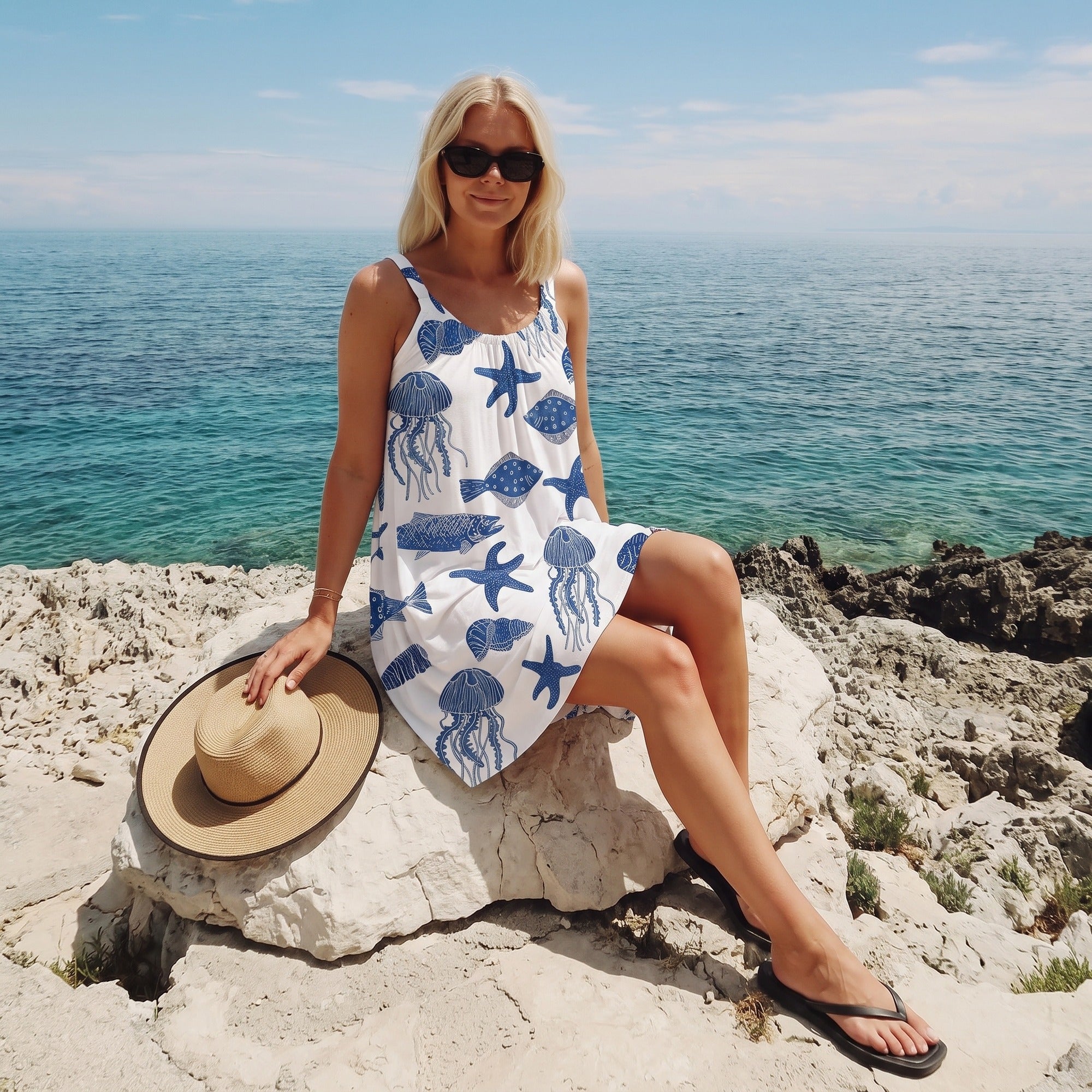 Strandjurk Dames – Mouwloze Losvallende Zomerjurk met Zeeprint-Boutique Moda