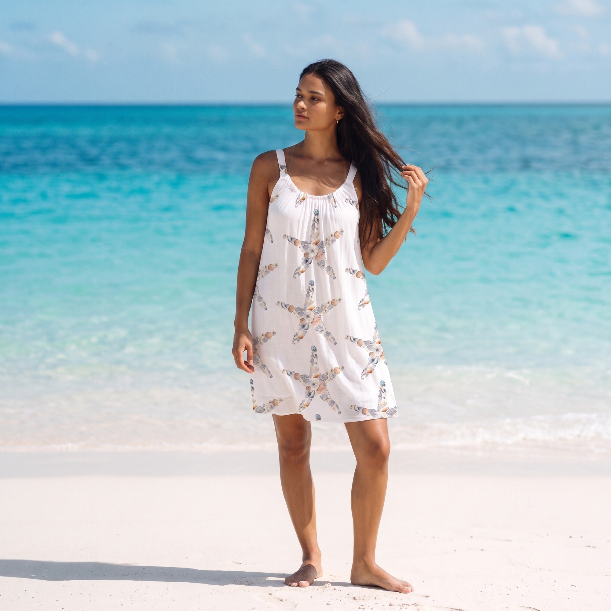 Strandjurk Dames – Mouwloze Losvallende Zomerjurk met Zeeprint-Boutique Moda