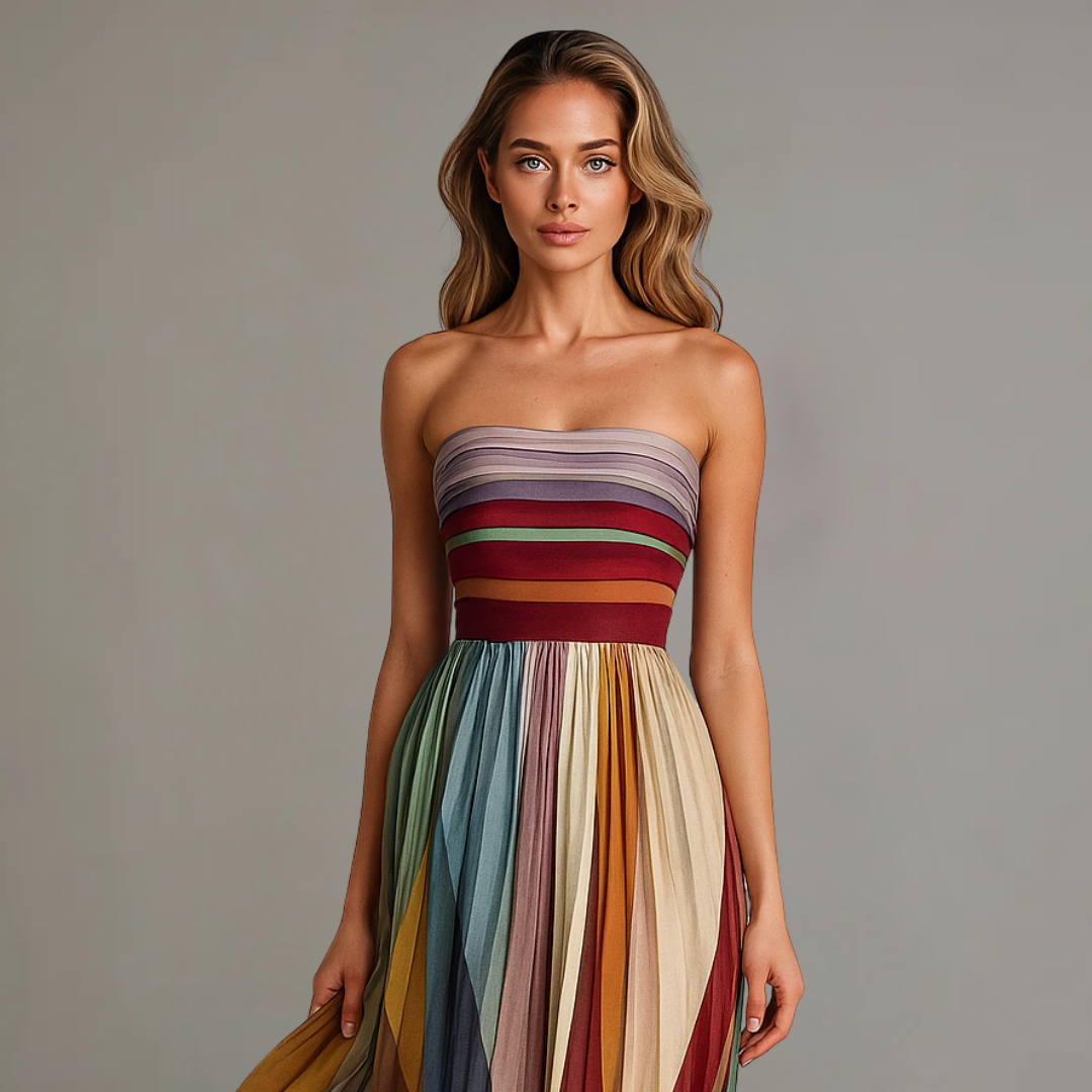 Strapless Maxi-jurk Dames | Kleurrijke Gestreepte Zomerjurk | Geplooid-Boutique Moda