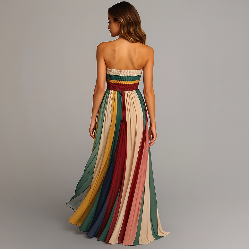 Strapless Maxi-jurk Dames | Kleurrijke Gestreepte Zomerjurk | Geplooid-Boutique Moda