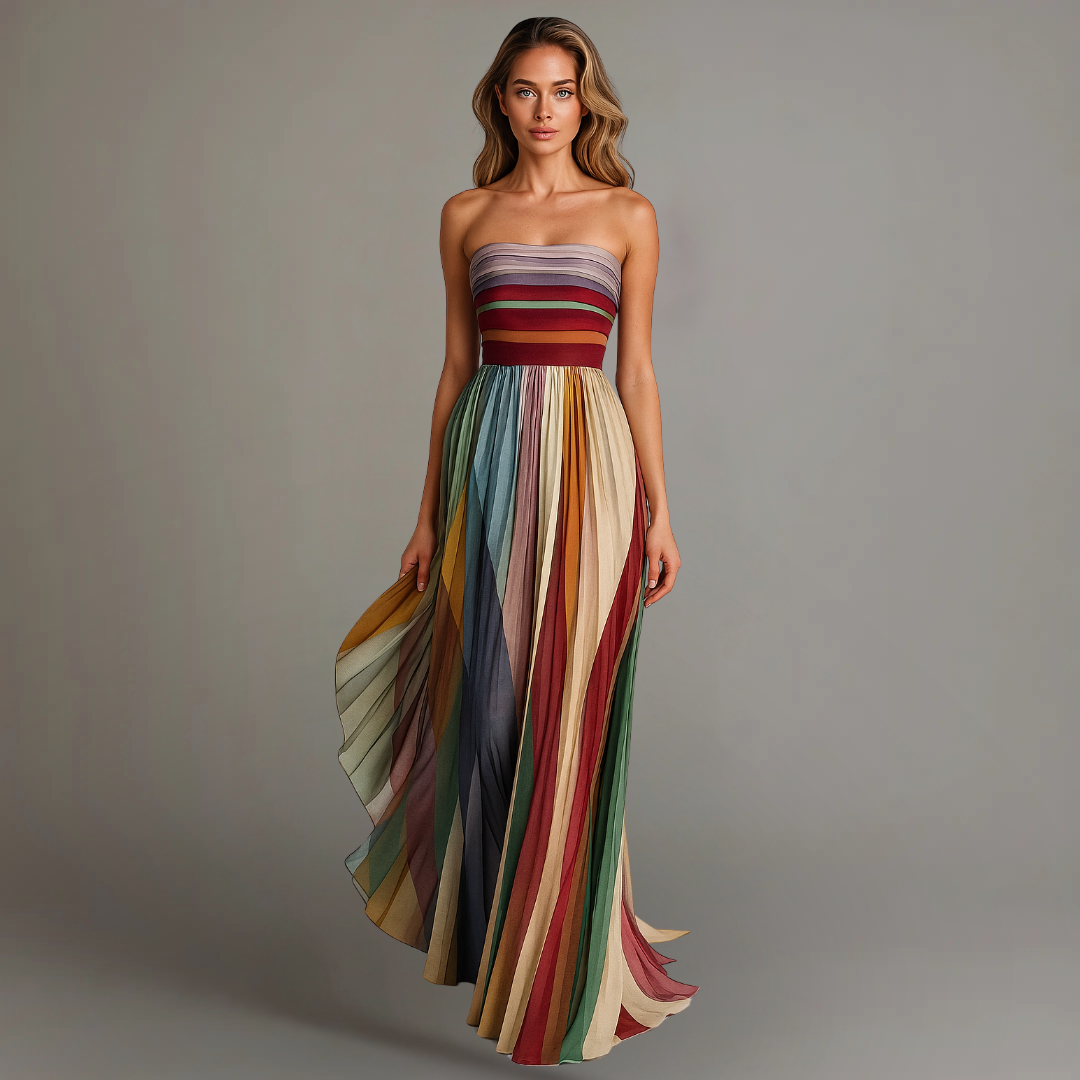 Strapless Maxi-jurk Dames | Kleurrijke Gestreepte Zomerjurk | Geplooid-Boutique Moda