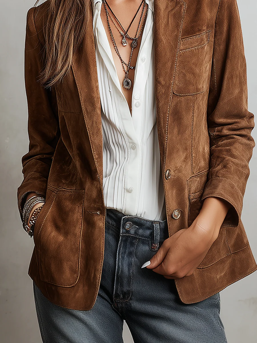 Suède Jas - Bruine damesjas in vintage stijl-Boutique Moda