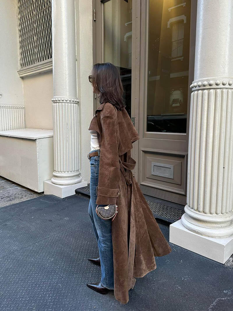 Suède Trench Coat - Bruin - Double Breasted - Lange Trench Coat - Damesjassen-Boutique Moda