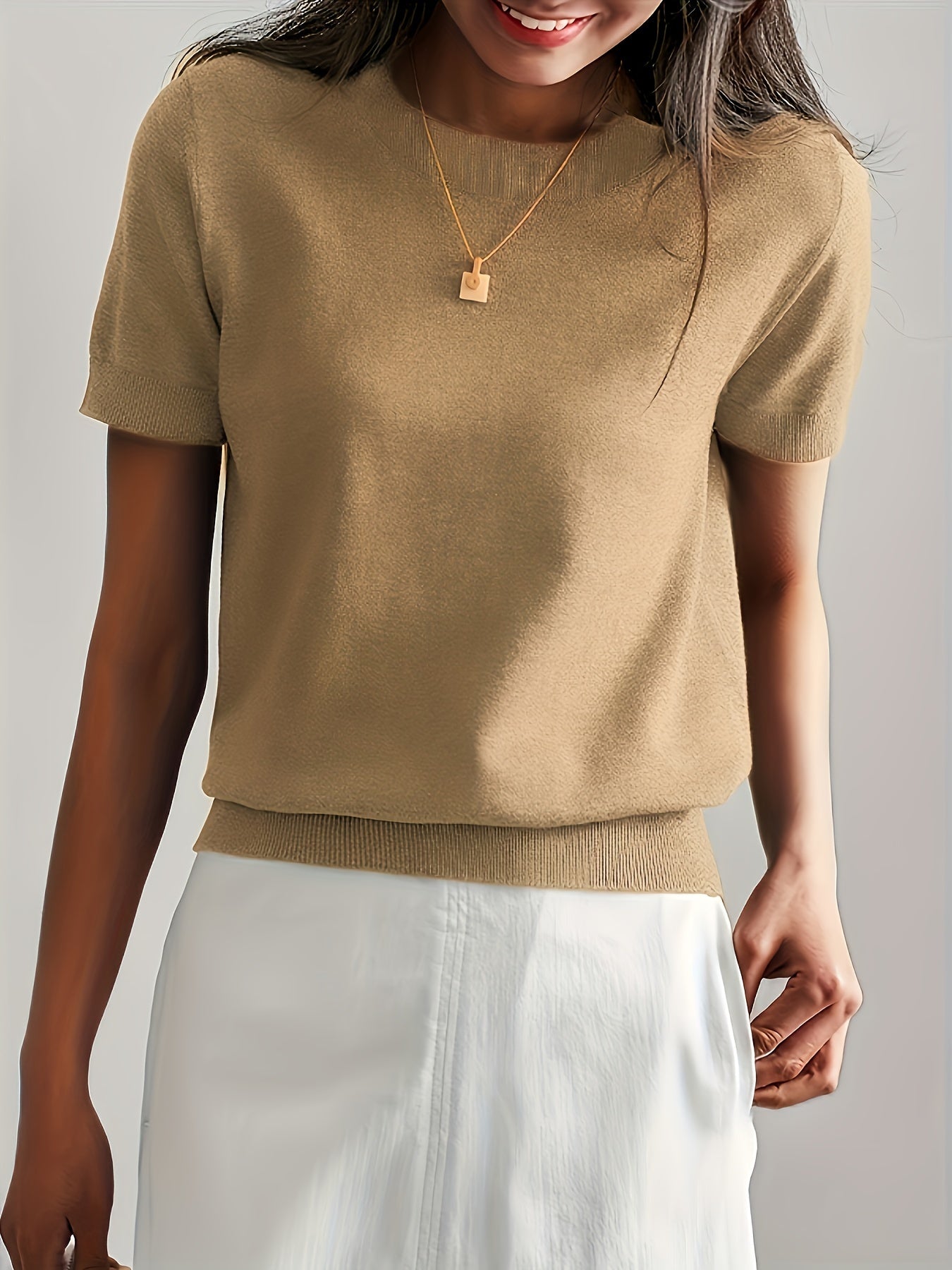 Sweater met korte mouwen - Kasjmier - Ronde hals - Gebreid T-shirt - Dameskleding-Boutique Moda