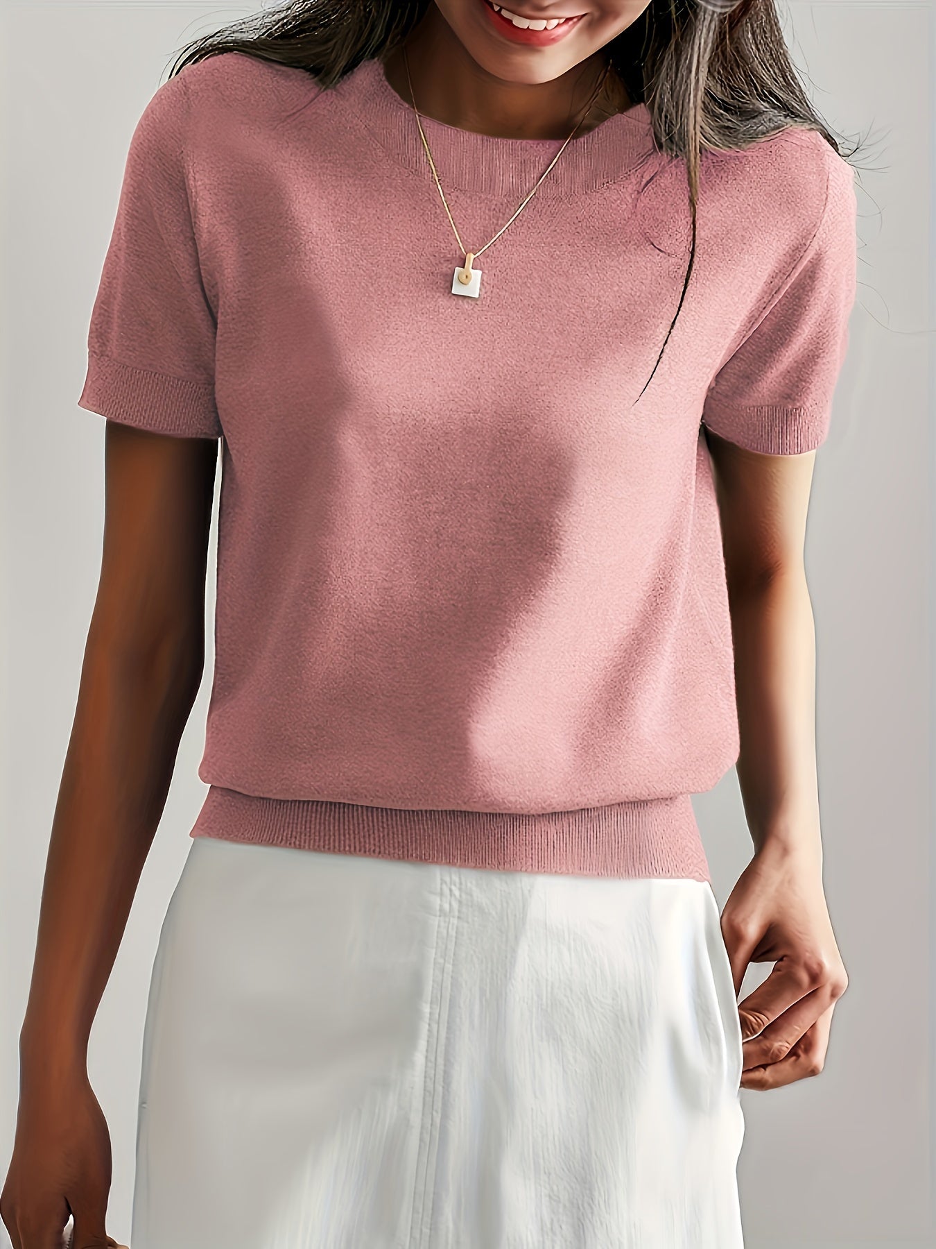 Sweater met korte mouwen - Kasjmier - Ronde hals - Gebreid T-shirt - Dameskleding-Boutique Moda