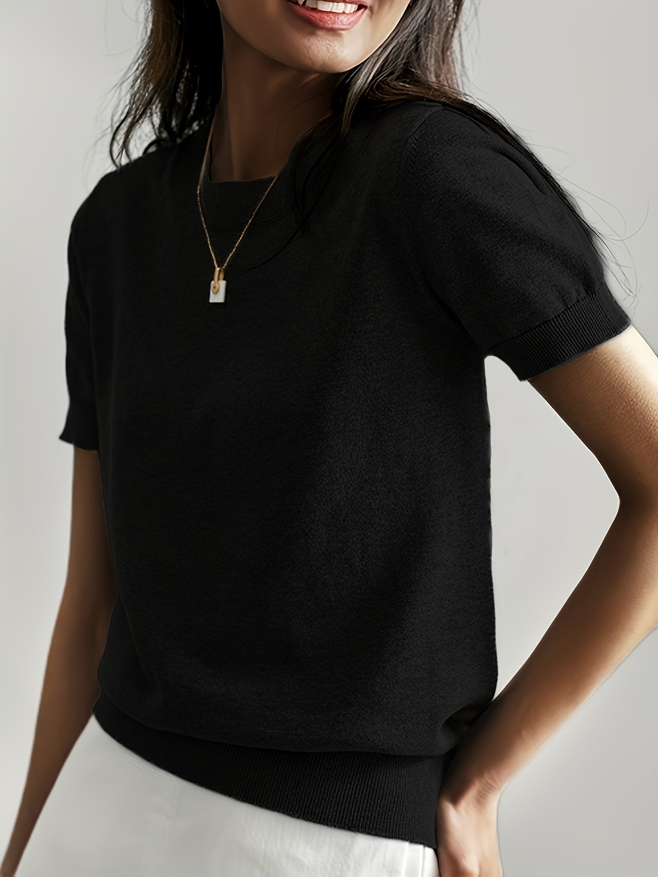 Sweater met korte mouwen - Kasjmier - Ronde hals - Gebreid T-shirt - Dameskleding-Boutique Moda