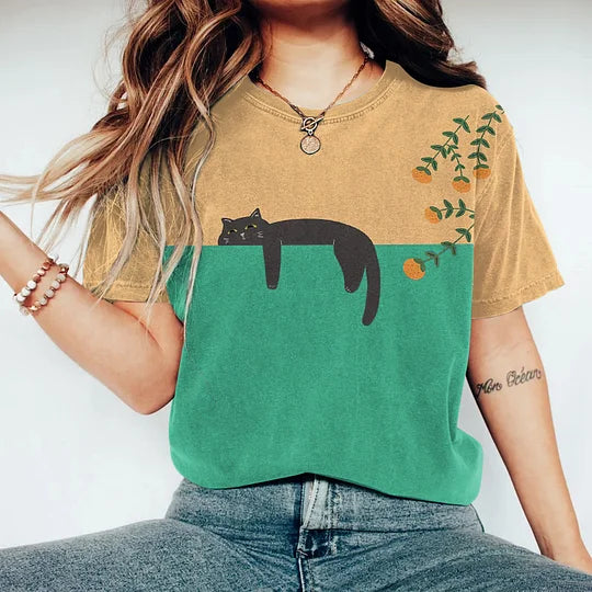T-shirt met kattenprint | Ronde hals | Relaxed fit | Gewassen T-shirt | Dames-T-shirt-Boutique Moda