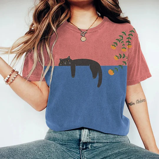 T-shirt met kattenprint | Ronde hals | Relaxed fit | Gewassen T-shirt | Dames-T-shirt-Boutique Moda
