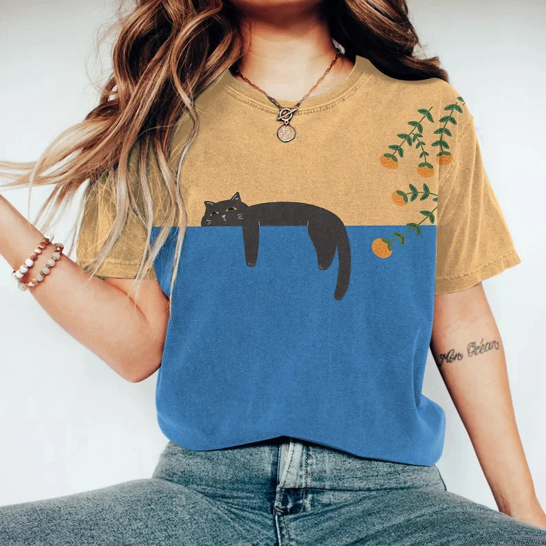 T-shirt met kattenprint | Ronde hals | Relaxed fit | Gewassen T-shirt | Dames-T-shirt-Boutique Moda